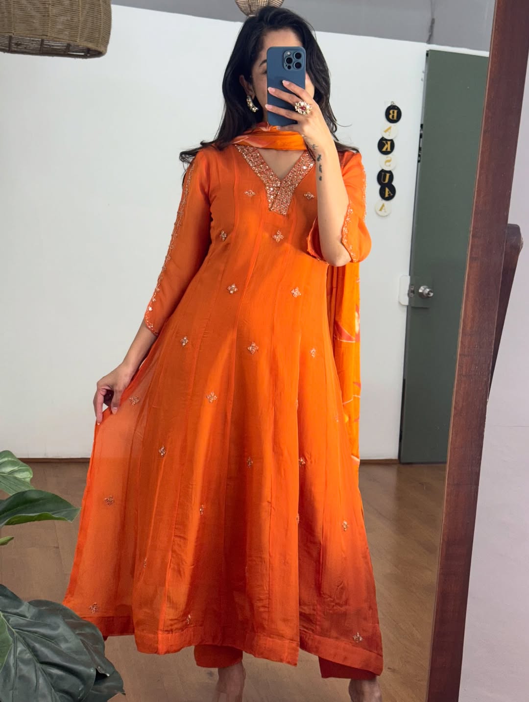 Mirror Embroidered Anarkali Pants Set With Hand Painted Dupatta