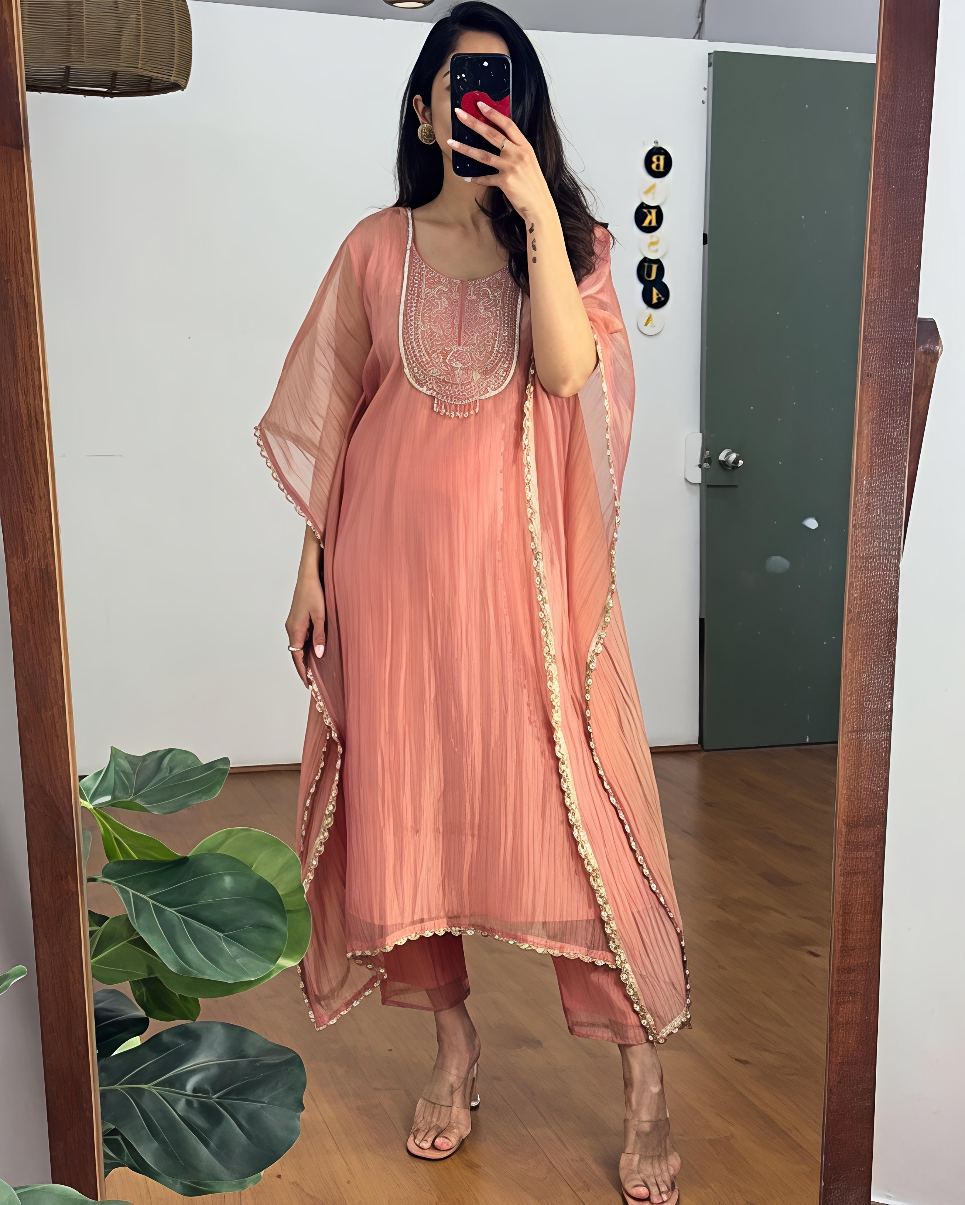 Pearl Lace Kaftan With Embroidery On Yoke With Pants