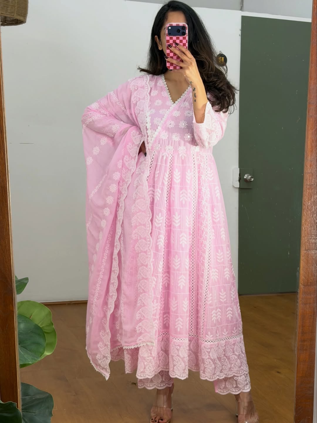 Machine Chikankari And Lace Embroidered Anarkali Pants Set