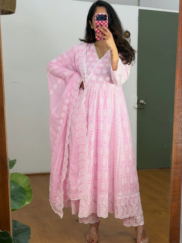 Machine Chikankari And Lace Embroidered Anarkali Pants Set