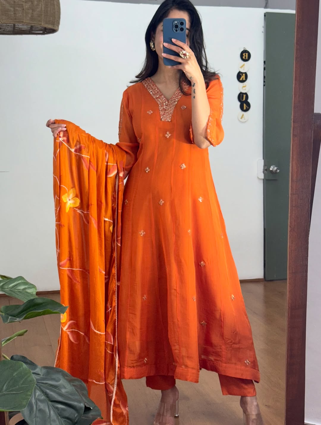 Mirror Embroidered Anarkali Pants Set With Hand Painted Dupatta