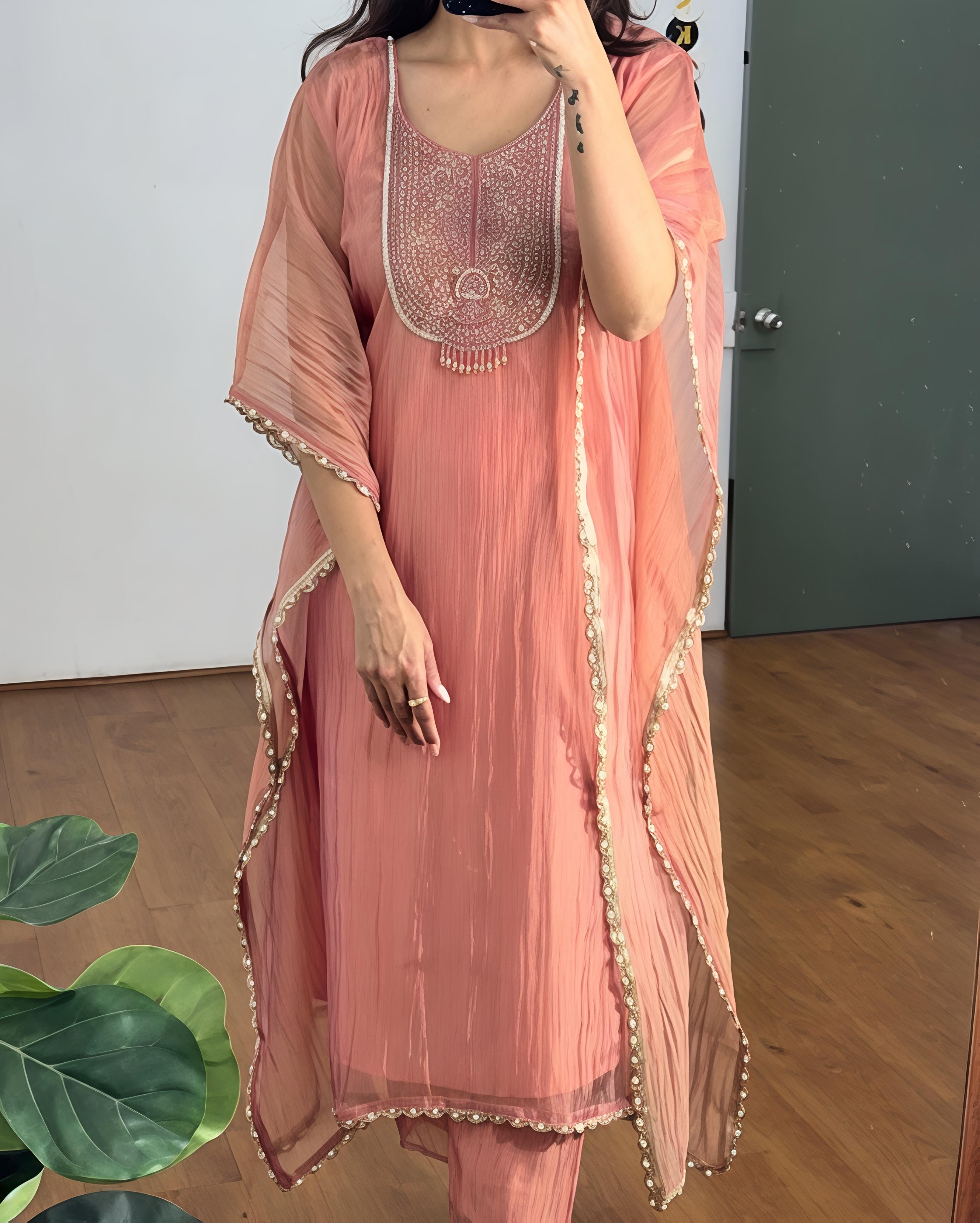 Pearl Lace Kaftan With Embroidery On Yoke With Pants