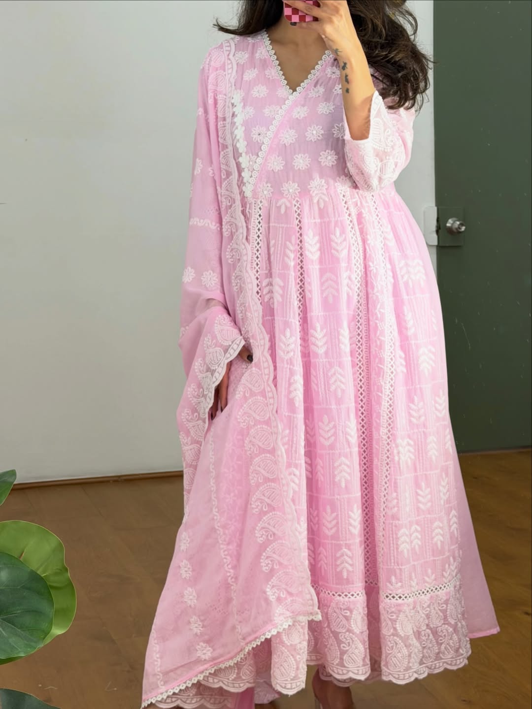 Machine Chikankari And Lace Embroidered Anarkali Pants Set