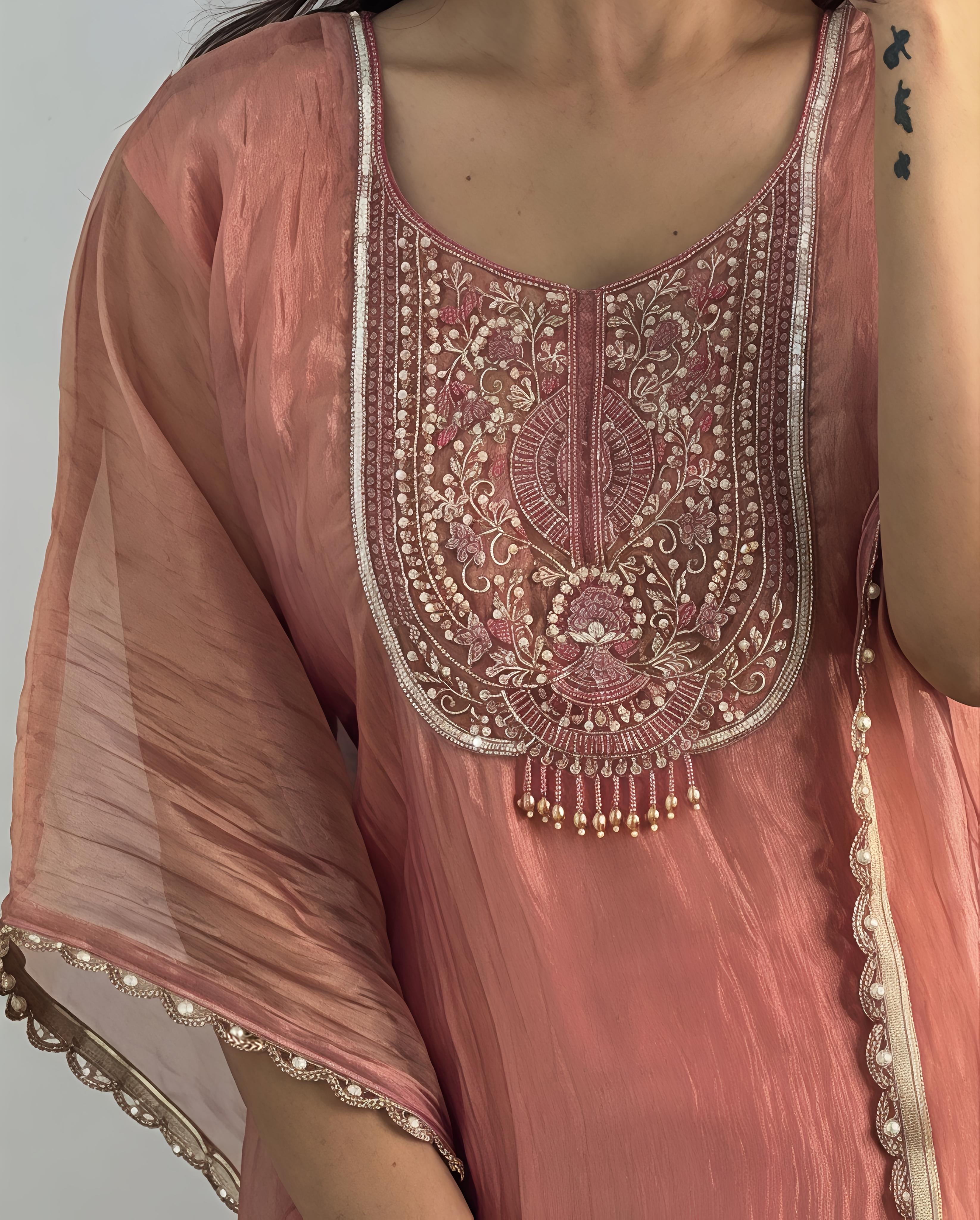 Pearl Lace Kaftan With Embroidery On Yoke With Pants