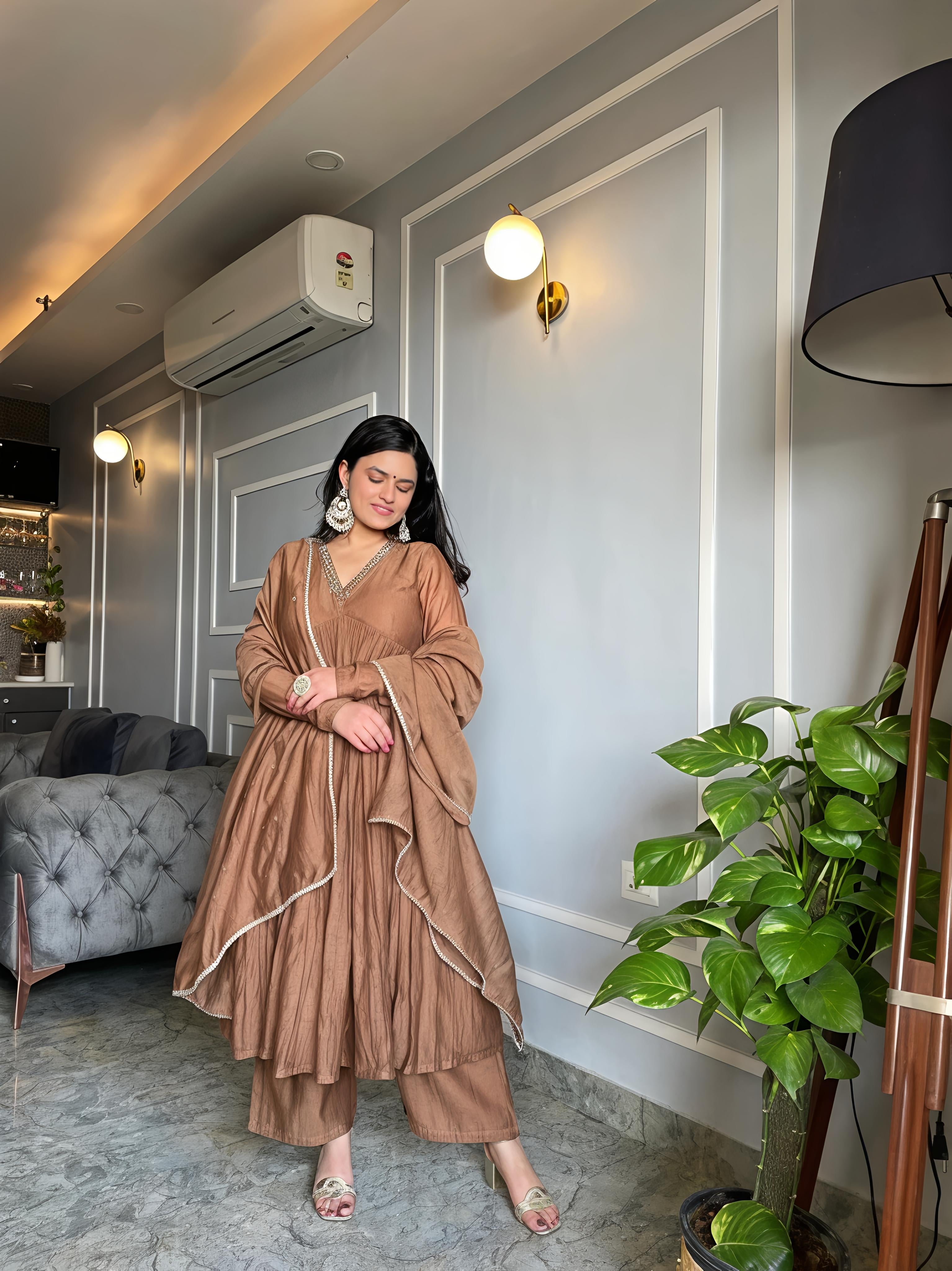 Mul Cotton Anarkali With Churi Sleeves Set