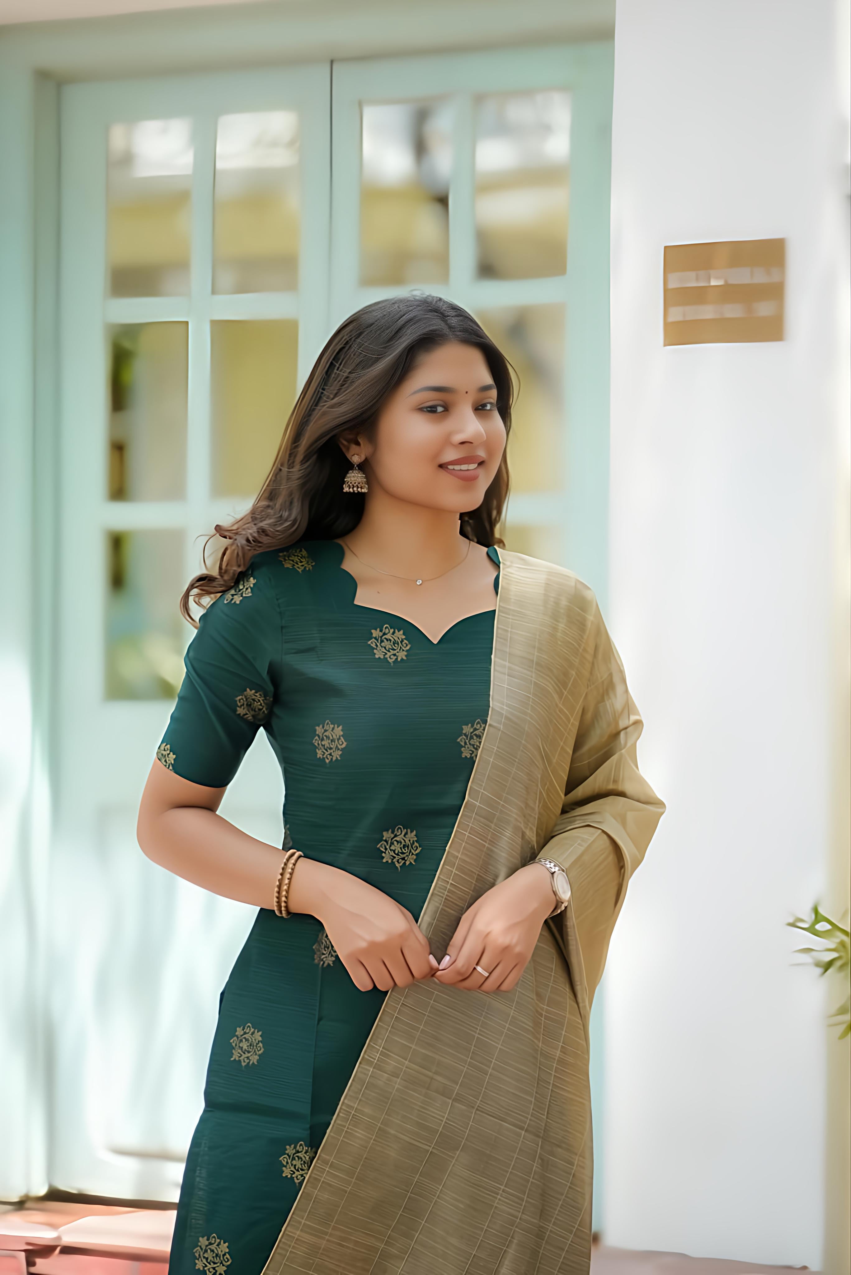 Classic Green Raw Silk Kurti With Matching Straight Pants Paired