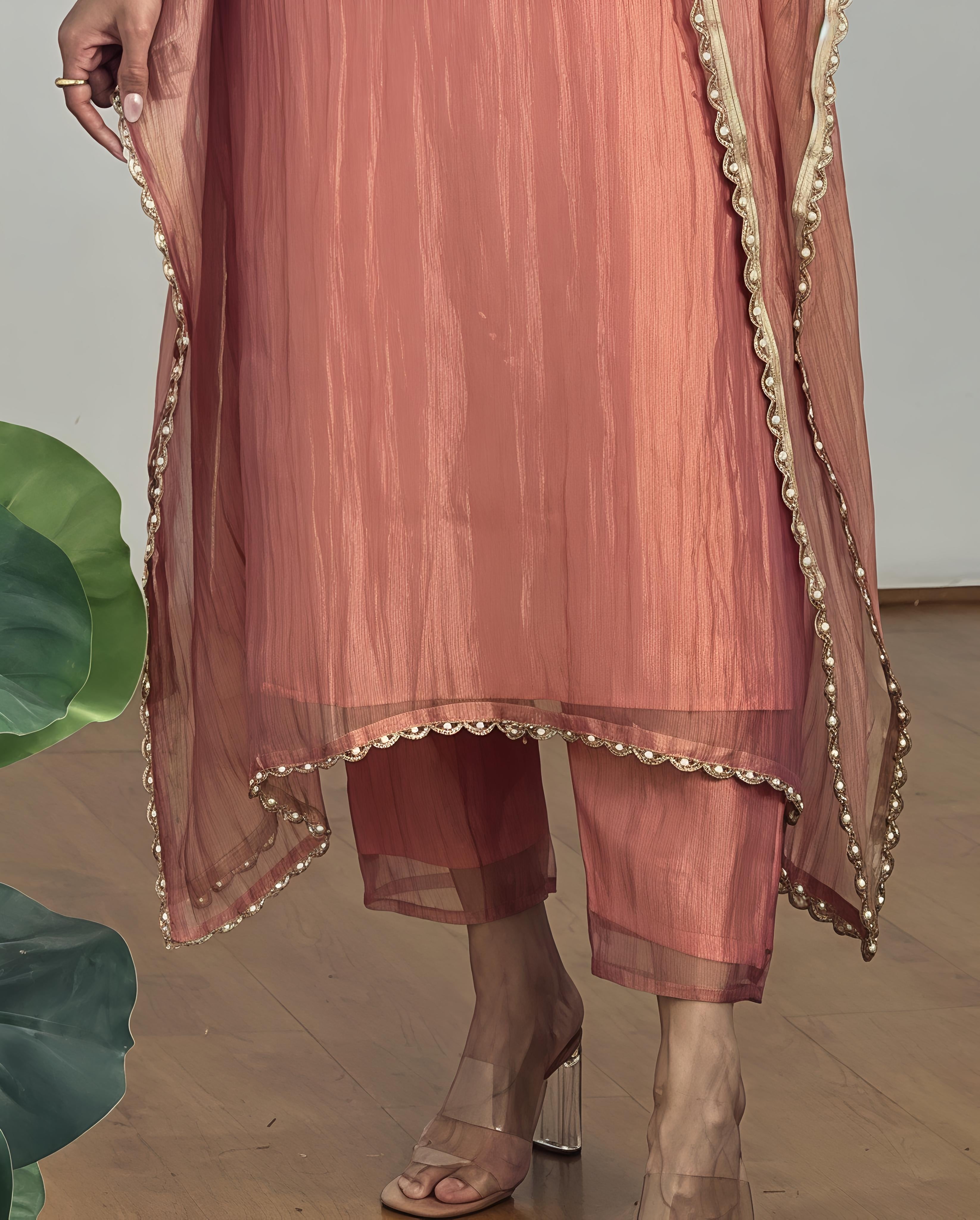 Pearl Lace Kaftan With Embroidery On Yoke With Pants