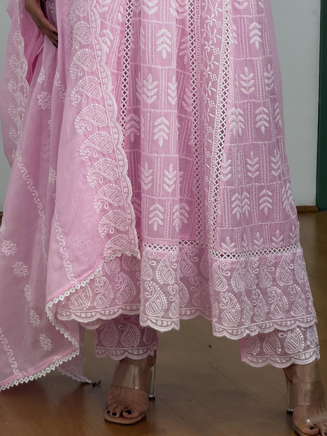 Machine Chikankari And Lace Embroidered Anarkali Pants Set