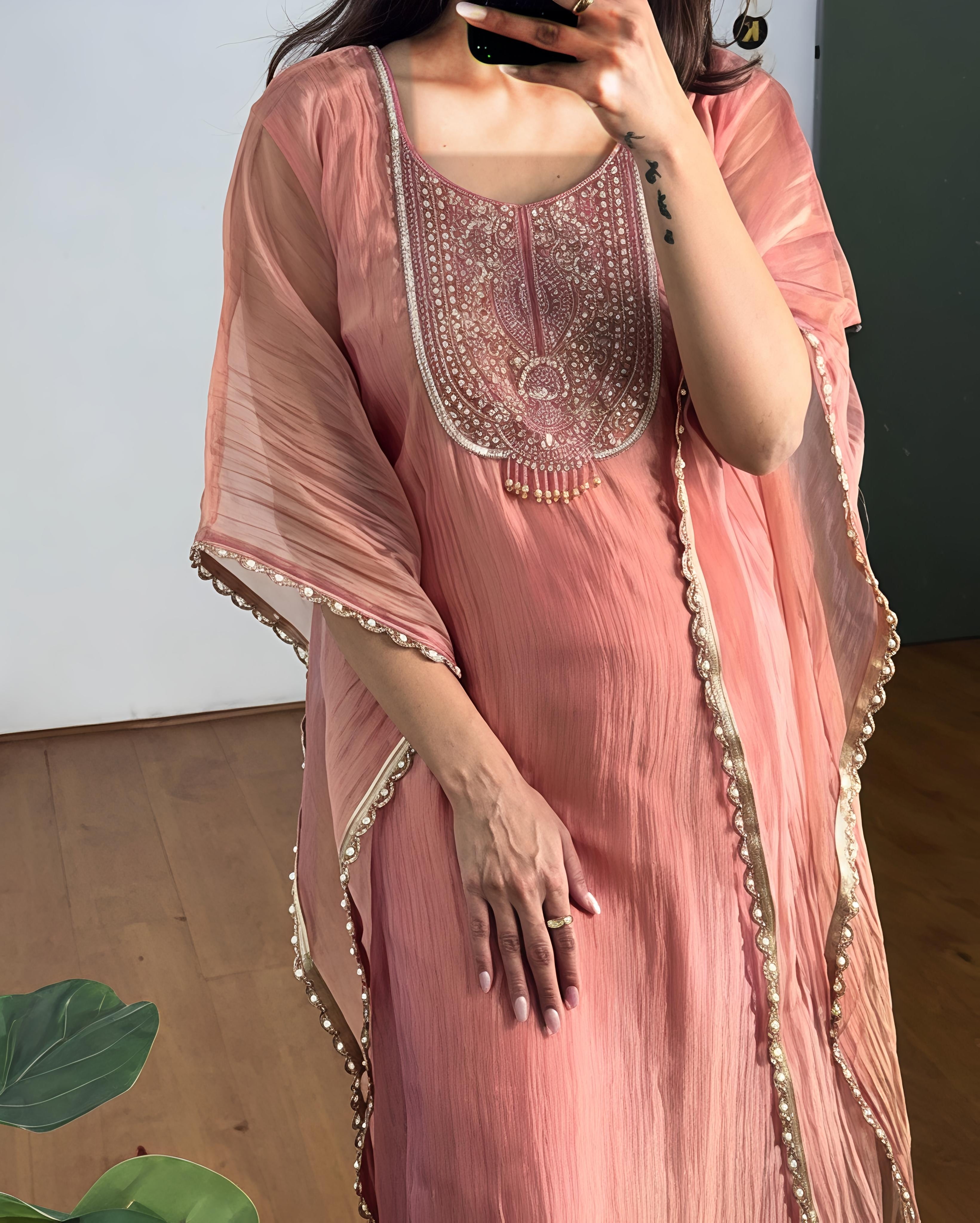 Pearl Lace Kaftan With Embroidery On Yoke With Pants