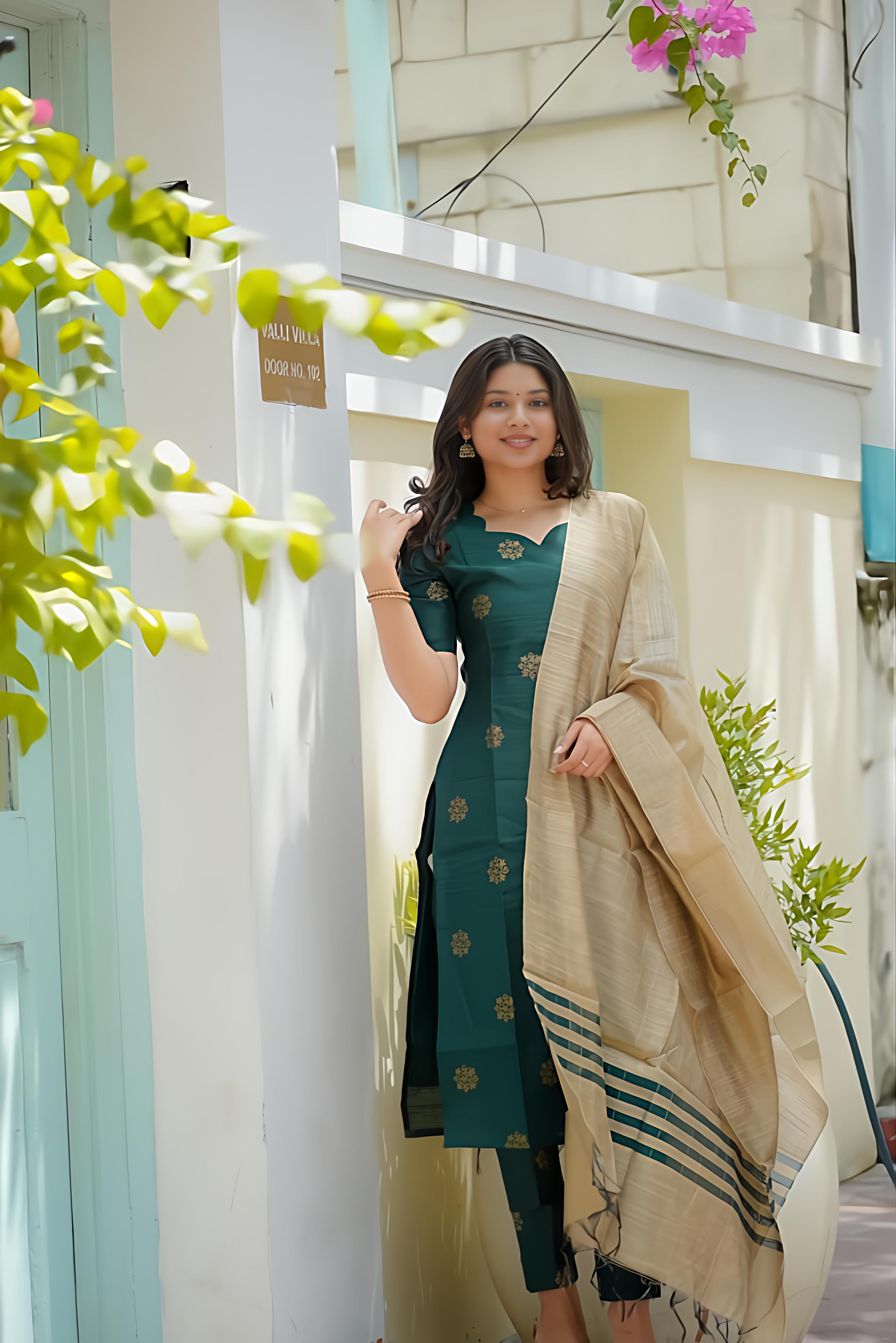 Classic Green Raw Silk Kurti With Matching Straight Pants Paired