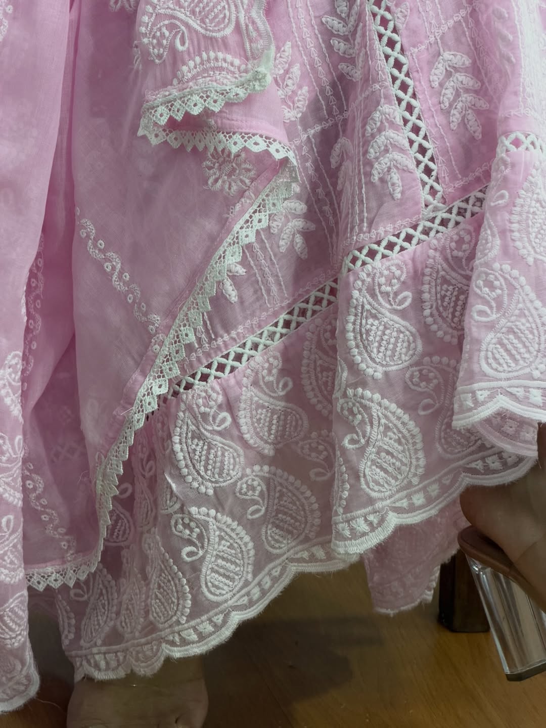 Machine Chikankari And Lace Embroidered Anarkali Pants Set