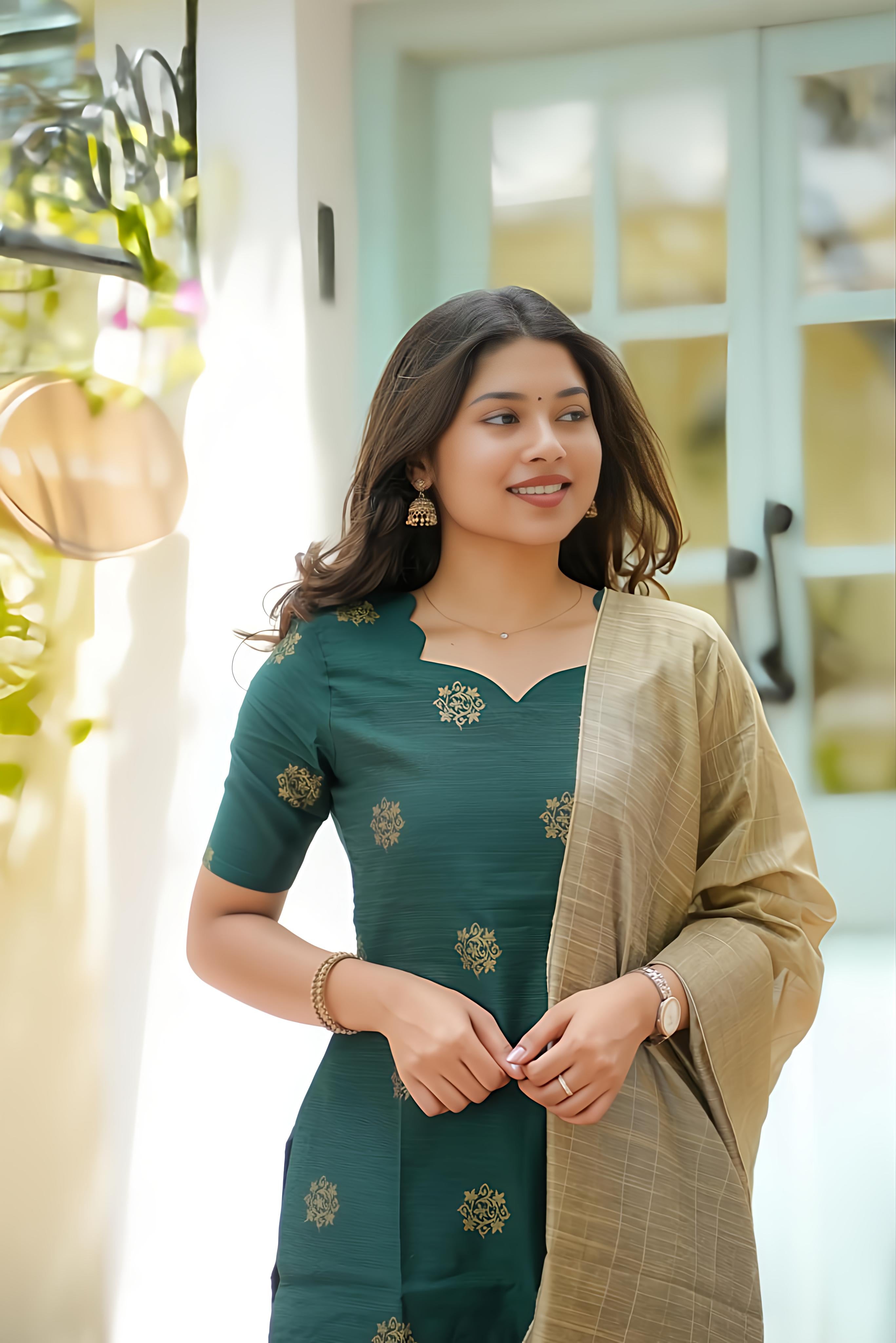 Classic Green Raw Silk Kurti With Matching Straight Pants Paired