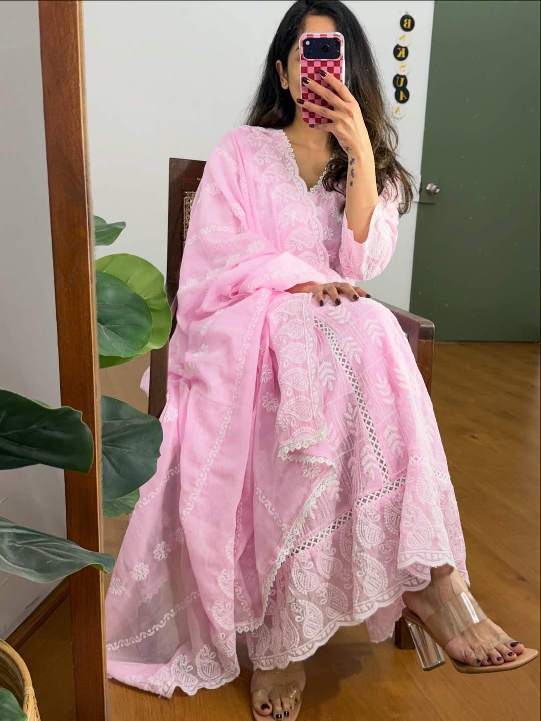 Machine Chikankari And Lace Embroidered Anarkali Pants Set